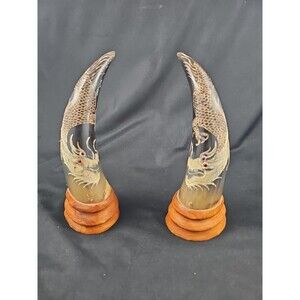 Pair Of Ornate Decorated Buffalo Horns Hand Carved Vintage Asian Dragon Design